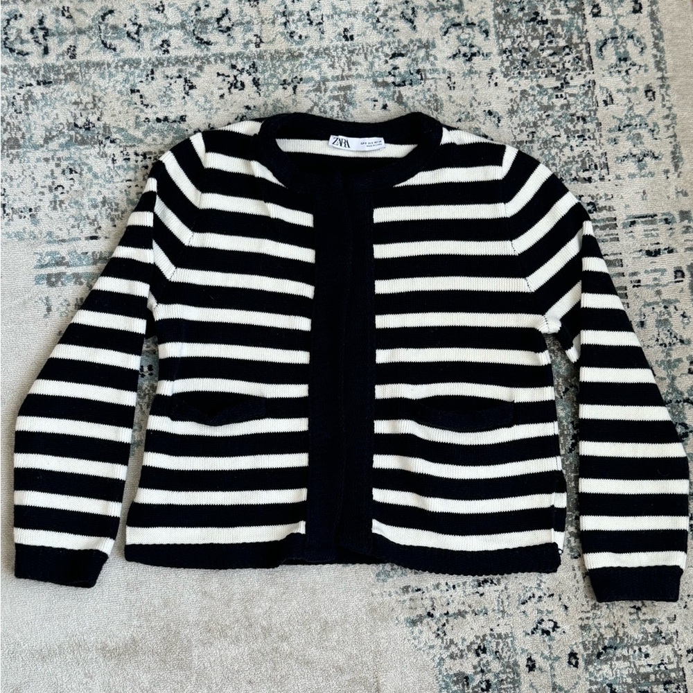 Zara Navy Blue & White Striped Open Knit Cardigan